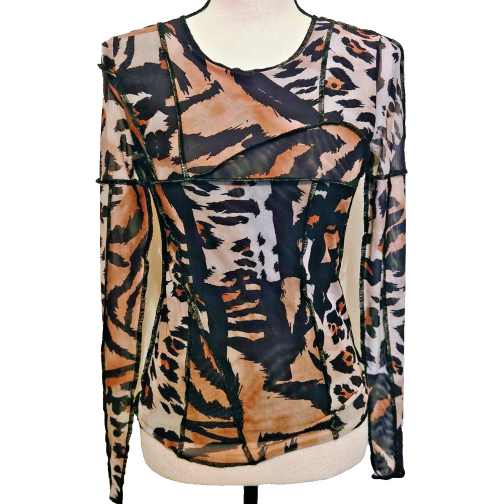 NWT Oolala Mesh Animal Print top Fully lined Long Sleeve XS Seaming Detail